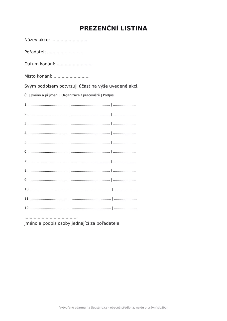 Prezenční listina - prázdný vzor k tisku (PDF, A4)
