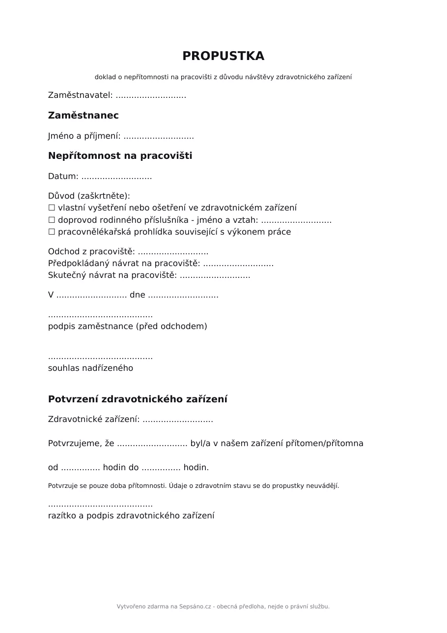 Propustka k lékaři - prázdný vzor k tisku (PDF, A4)