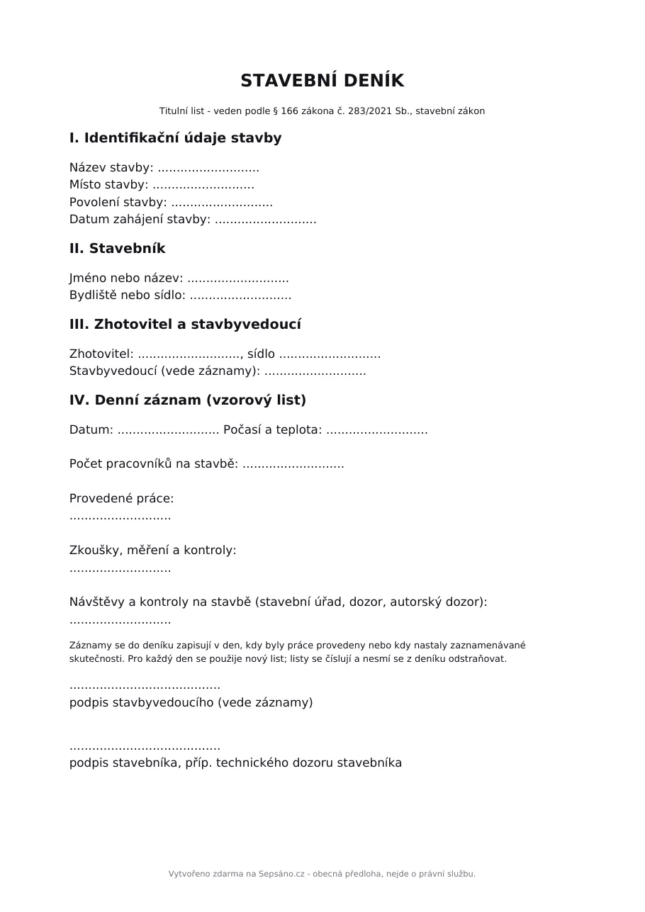 Stavební deník - prázdný vzor k tisku (PDF, A4)